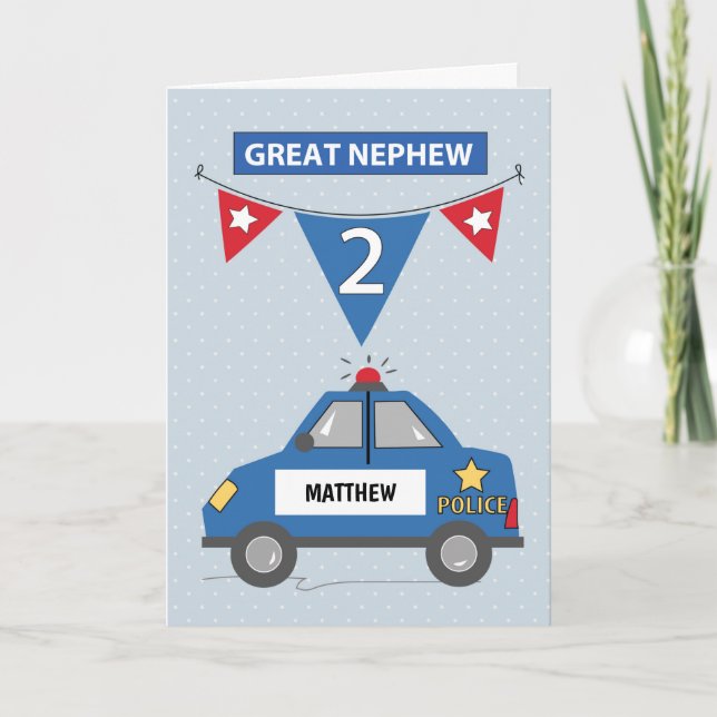 Custom Name Great Nephew 2nd Birthday Blue Police  Card (Front)