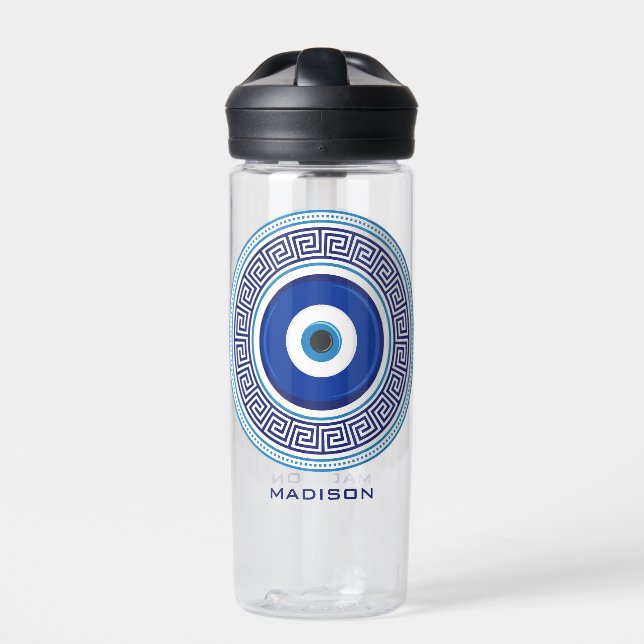 Custom Name Greek Pattern Evil Eye Nazar Water Bottle (Front)
