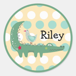 Custom Name Green Alligator with Seagull Polka Dot Classic Round Sticker