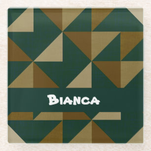 Custom name green and brown shapes glass coaster