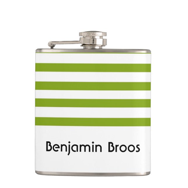 Custom name green and white stripes hip flask (Front)