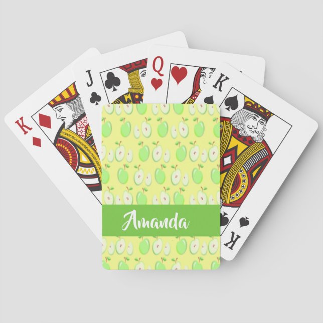 Custom name green apples yellow playing cards (Back)