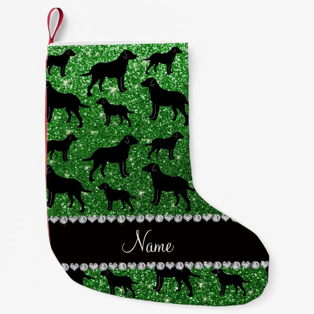 Custom name green glitter labrador retrievers small christmas stocking (Front)