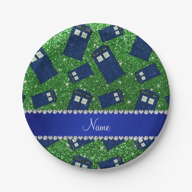 Custom name green glitter police box paper plate (Front)