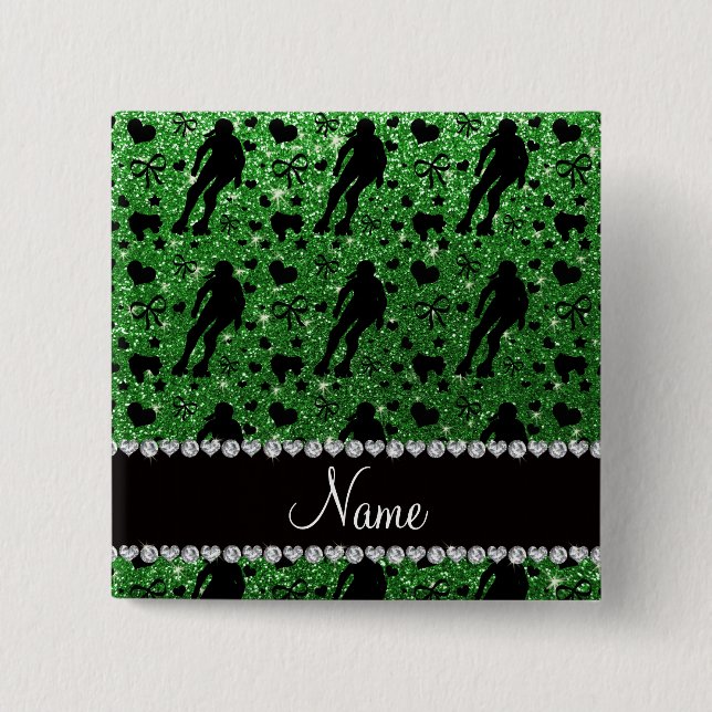 Custom name green glitter roller derby 15 cm square badge (Front)