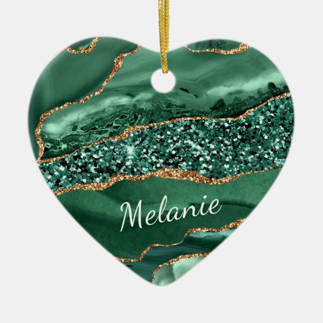 Custom Name Green Gold Emerald Christmas Ornament (Front)