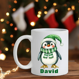 Custom Name Green Hat Christmas Penguin Coffee Mug