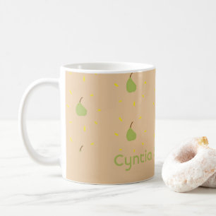 Custom name green pear pattern brown coffee mug