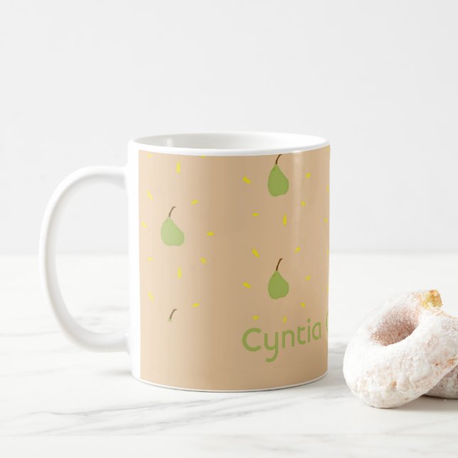 Custom name green pear pattern brown coffee mug (With Donut)