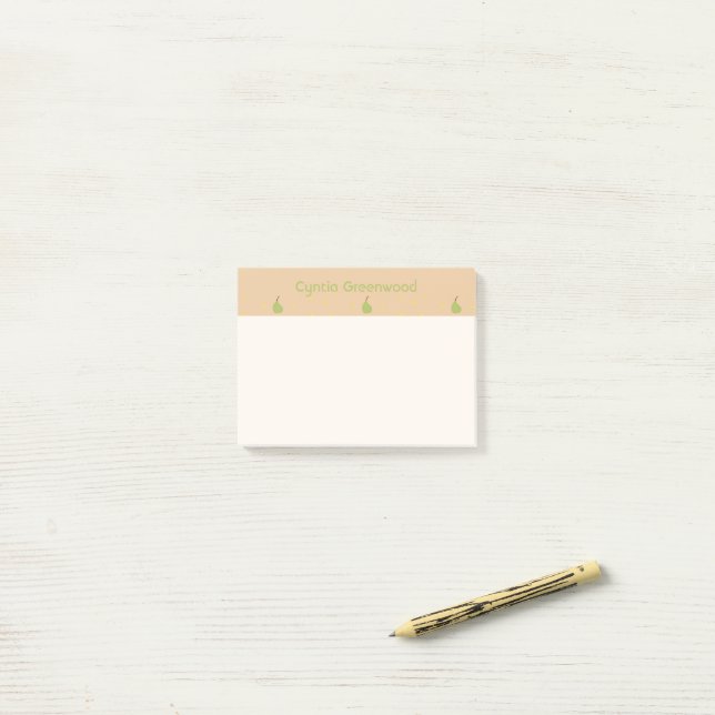 Custom name green pear pattern brown post-it notes (On Desk)