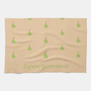 Custom name green pear pattern brown tea towel