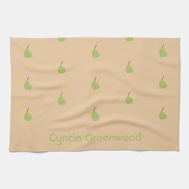 Custom name green pear pattern brown tea towel (Horizontal)