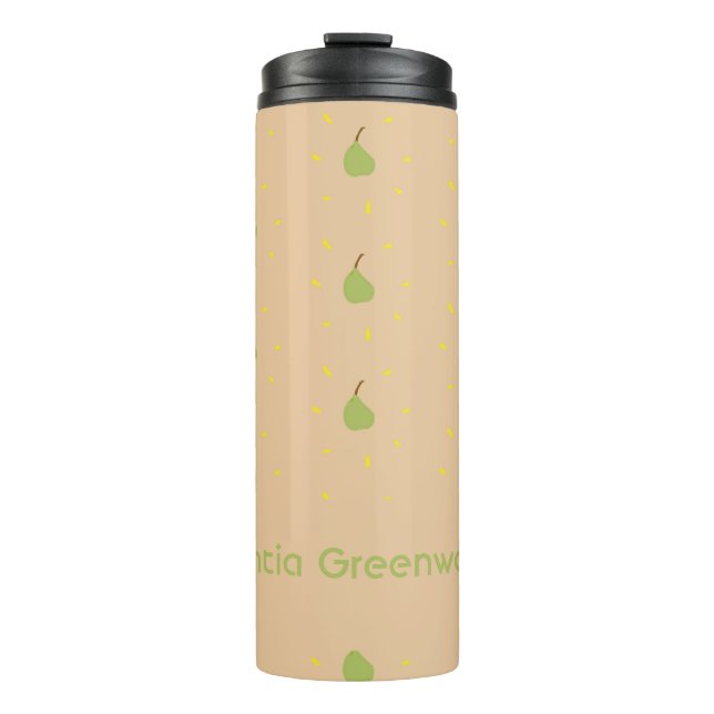 Custom name green pear pattern brown thermal tumbler (Front)