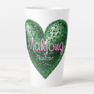 Custom Name Green Pink Glitter Heart Mahjong Latte Mug