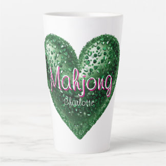 Custom Name Green Pink Glitter Heart Mahjong Latte Mug