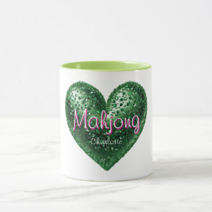 Custom Name Green Pink Glitter Heart Mahjong Mug