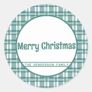 Custom Name Green Plaid Merry Christmas Classic Round Sticker