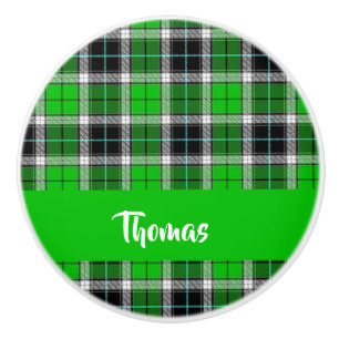 Custom name green plaid pattern ceramic knob