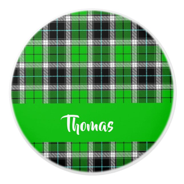 Custom name green plaid pattern ceramic knob (Front)