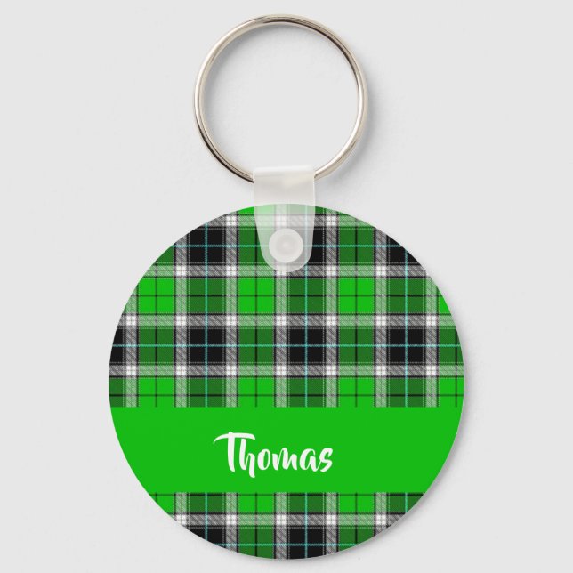 Custom name green plaid pattern key ring (Front)