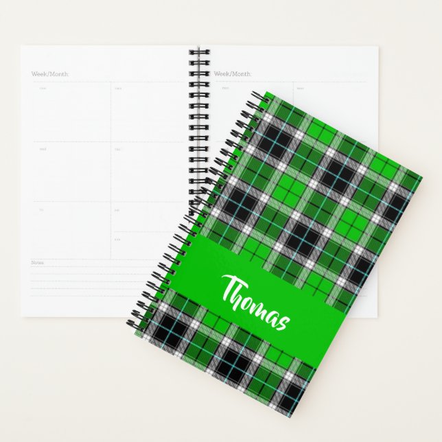 Custom name green plaid pattern planner (Display)