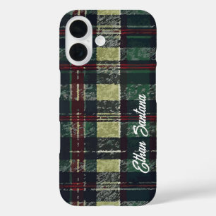 Custom Name Green & Red Plaid iPhone 16 Case