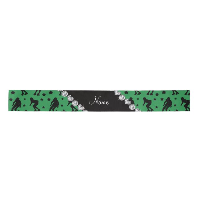 Custom name green roller derby stars satin ribbon (Front)