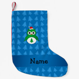 Custom name green santa owl blue christmas trees small christmas stocking
