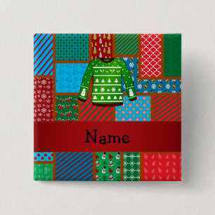 Custom name green ugly christmas sweater 15 cm square badge