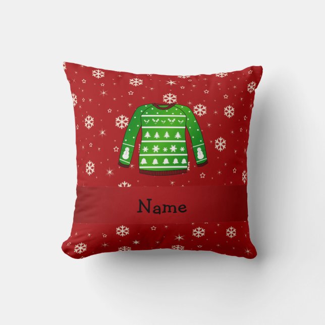 Custom name green ugly christmas sweater cushion (Front)