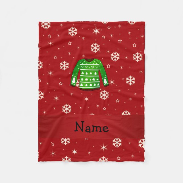 Custom name green ugly christmas sweater fleece blanket (Front)