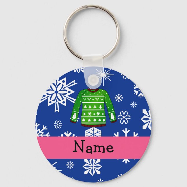 Custom name green ugly christmas sweater key ring (Front)