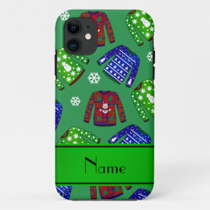 Custom name green ugly christmas sweater pattern iPhone 11 case