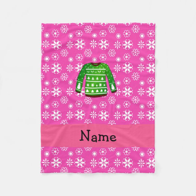 Custom name green ugly christmas sweater pink fleece blanket (Front)