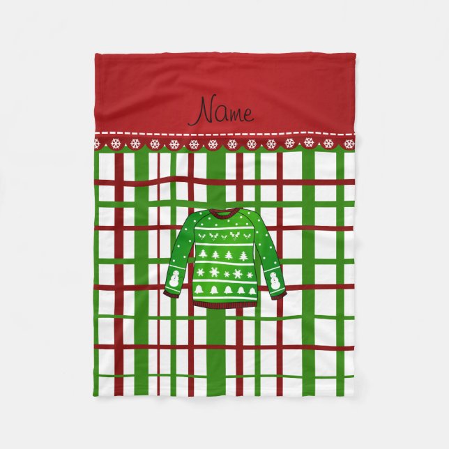 Custom name green ugly christmas sweater plaid fleece blanket (Front)