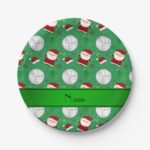 Custom name green volleyball christmas pattern paper plate