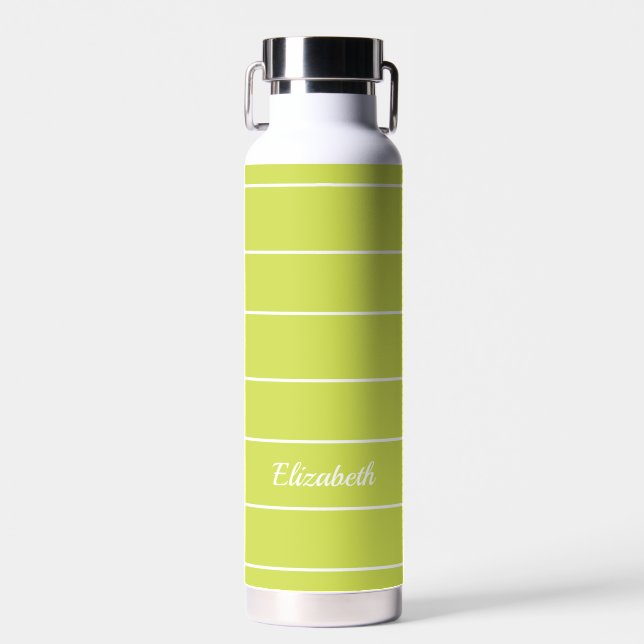 Custom Name Green White Striped Modern Pattern Water Bottle (Front)