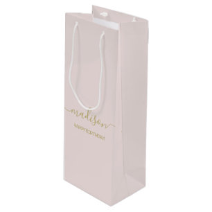Custom Name Greeting Chic Gold Script Blush Pink Wine Gift Bag