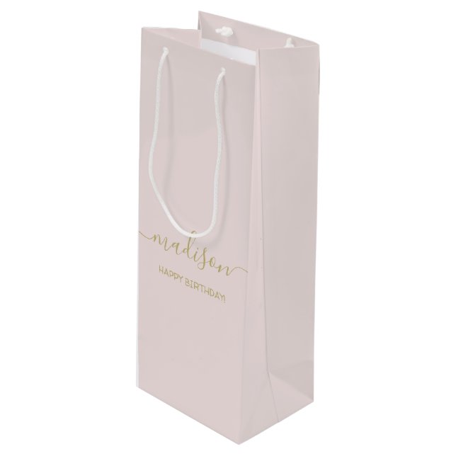 Custom Name Greeting Chic Gold Script Blush Pink Wine Gift Bag (Front Angled)