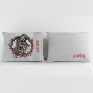 Custom Name Grey Boys Dinosaur Roaring T-Rex Pillowcase