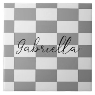 Custom name grey check blocks pattern ceramic tile