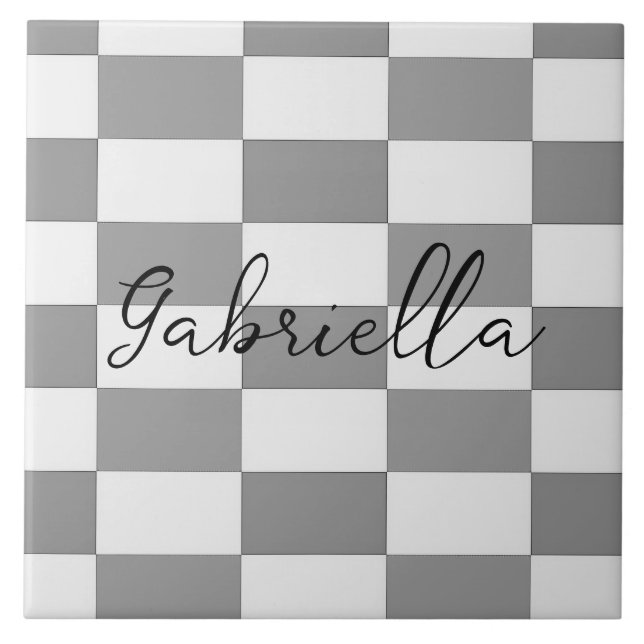 Custom name grey check blocks pattern ceramic tile (Front)