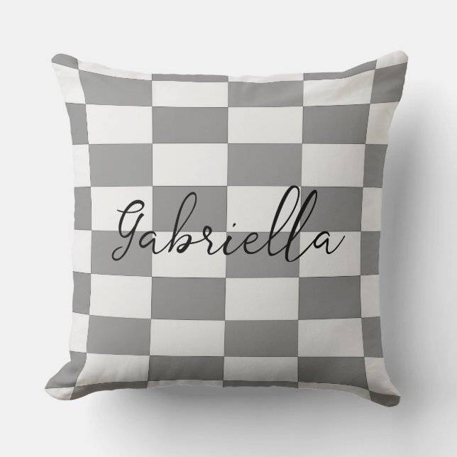 Custom name grey check blocks pattern cushion (Front)