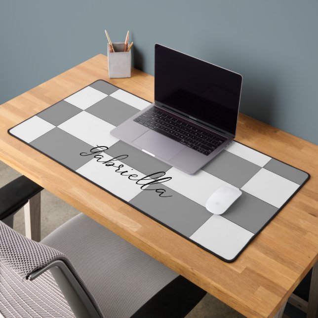 Custom name grey check blocks pattern desk mat (Office 2)