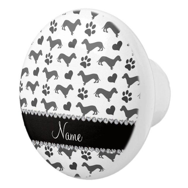 Custom name grey dachshunds hearts paws ceramic knob (Right)