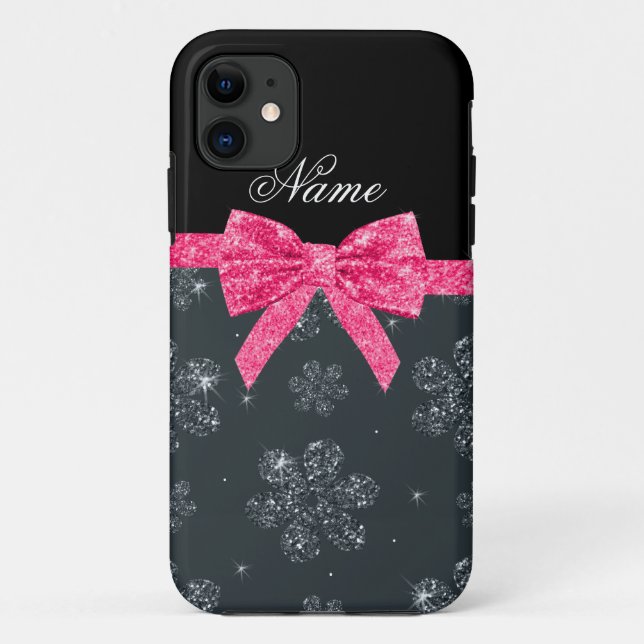 Custom name grey glitter flowers pink glitter bow Case-Mate iPhone case (Back)