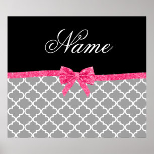 Custom name grey moroccan pattern pink glitter bow poster
