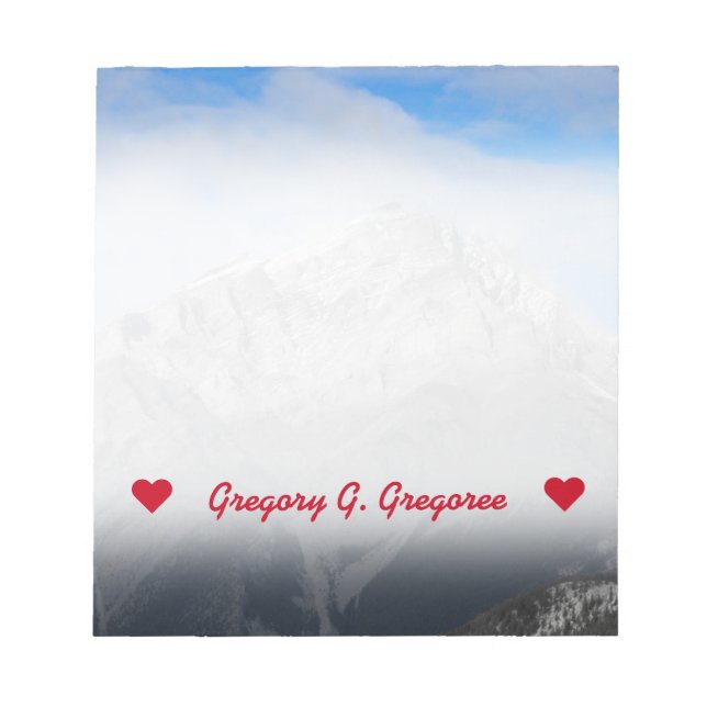 Custom Name; Grey Mountain Peak, Cloudy Blue Sky Notepad (Front)