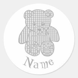 Custom Name Grey Pastel Gingham Teddy Bear Classic Round Sticker