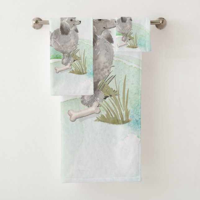 Custom Name Grey Poodle Pet Dog Bath Towel Set (Insitu)